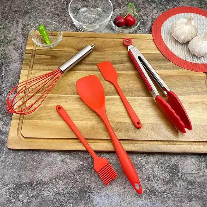 10 Pcs Silicone Cooking Kitchen Utensils Set,BPA FREE Gadgets for Non-Stick Cookware (Red), 10.63*2.56