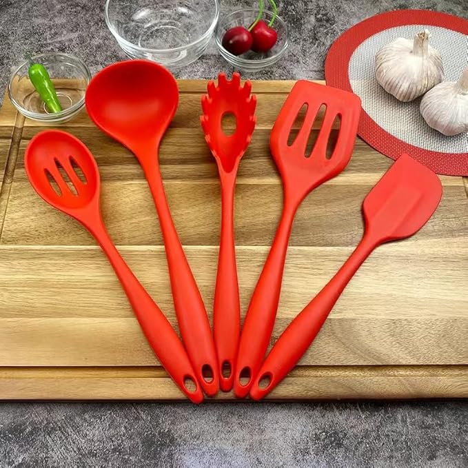 10 Pcs Silicone Cooking Kitchen Utensils Set,BPA FREE Gadgets for Non-Stick Cookware (Red), 10.63*2.56