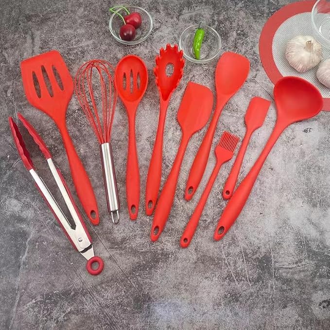 10 Pcs Silicone Cooking Kitchen Utensils Set,BPA FREE Gadgets for Non-Stick Cookware (Red), 10.63*2.56