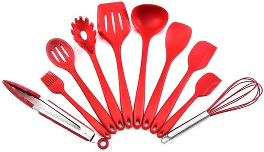 10 Pcs Silicone Cooking Kitchen Utensils Set，BPA FREE Gadgets for Non-Stick Cookware (Red), 10.63*2.56