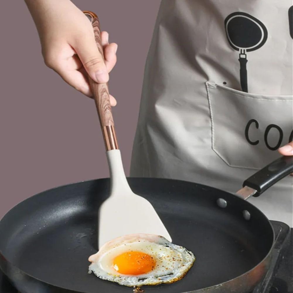 Silicone Kitchen Utensils Set, Heat Resistant Silicone Cooking Utensils For Cooking Wooden Handles, Spatula Set, Kitchen Utensil Tools(Soup Spoon)