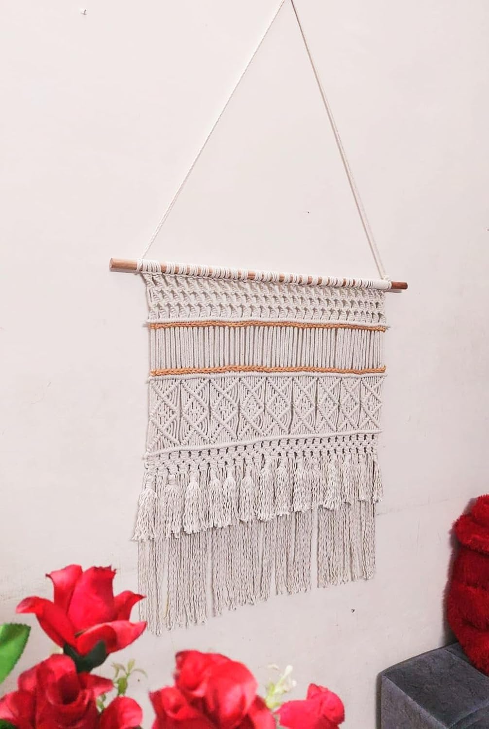 Generic Modern macrame,Large Wall Hanging, Boho Wall Art,Neutral Wall tapestry, Geometric wall art, Macraweave, Weaving Hang On Wood Bar (Natural Wooden Stiicks, W 20 X L 28 Inches)