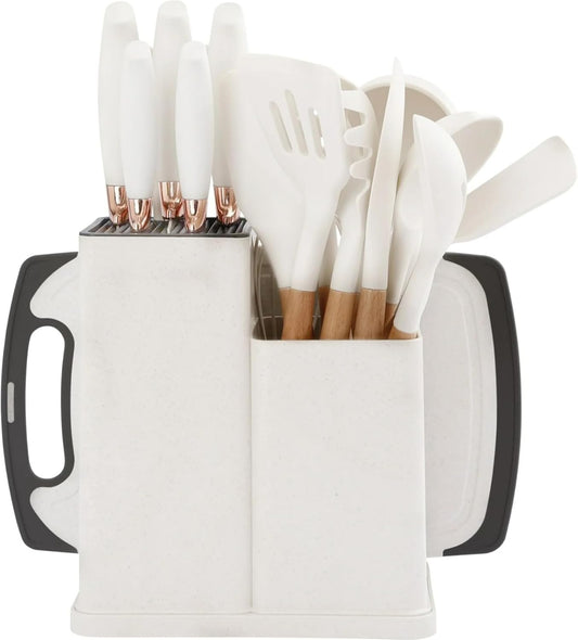 19PCS Kitchen Utensils Set for Cooking, 11 Cooking Utensils, 6 Knife set Beige,3 Utensil Sets,utensilios de cocina