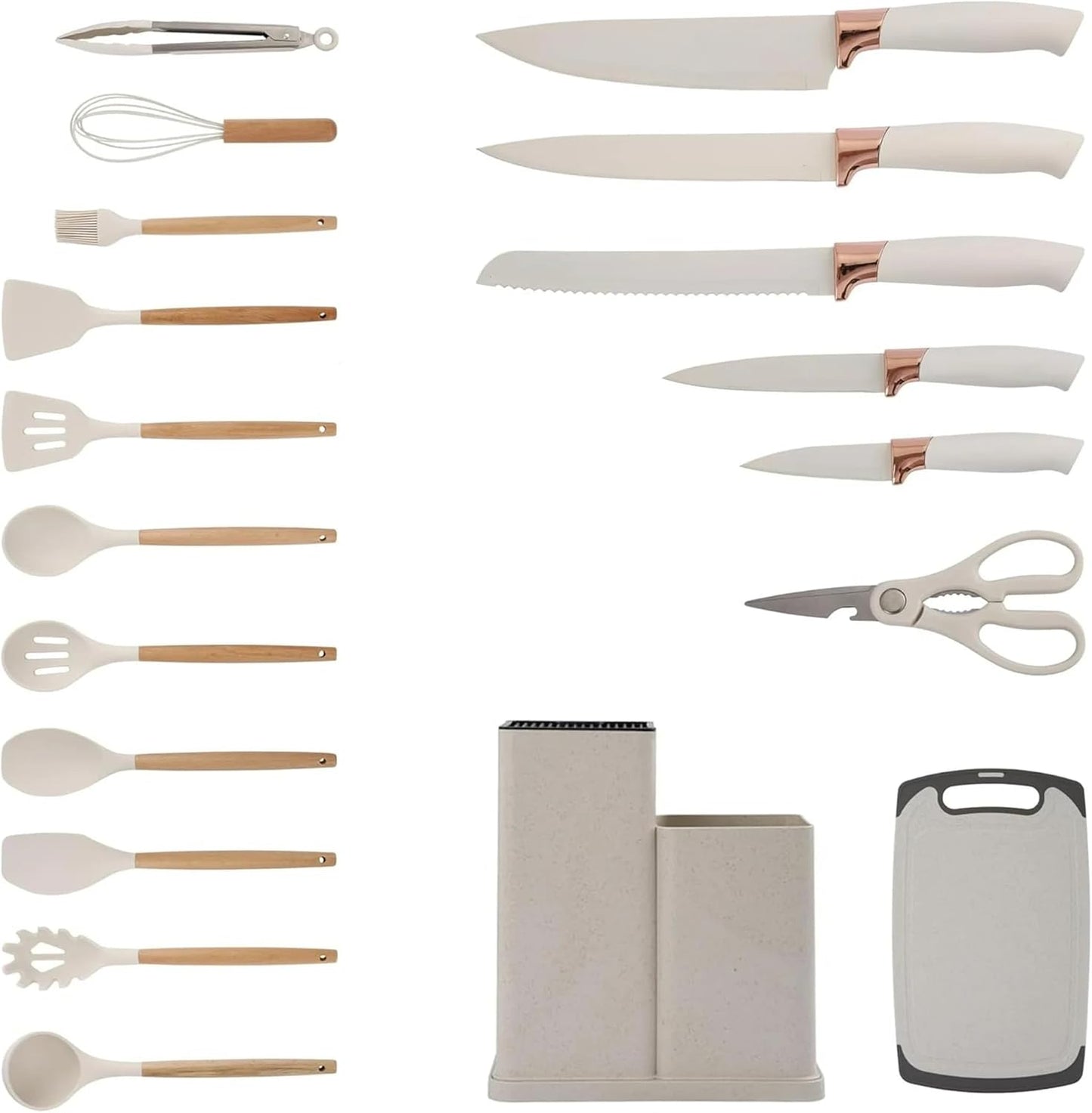 19PCS Kitchen Utensils Set for Cooking, 11 Cooking Utensils, 6 Knife set Beige,3 Utensil Sets,utensilios de cocina