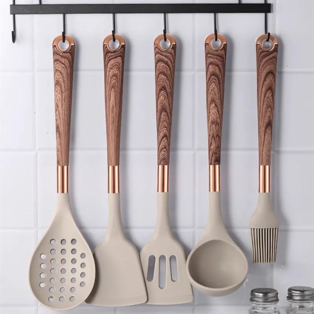 Silicone Kitchen Utensils Set, Heat Resistant Silicone Cooking Utensils For Cooking Wooden Handles, Spatula Set, Kitchen Utensil Tools(Soup Spoon)