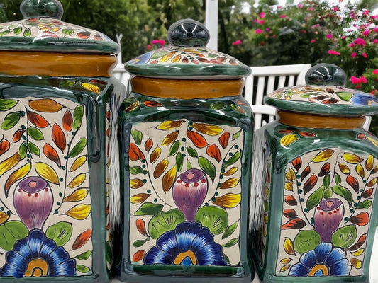 3-Piece Multicolor Floral Talavera Canisters, Kitchen Storage