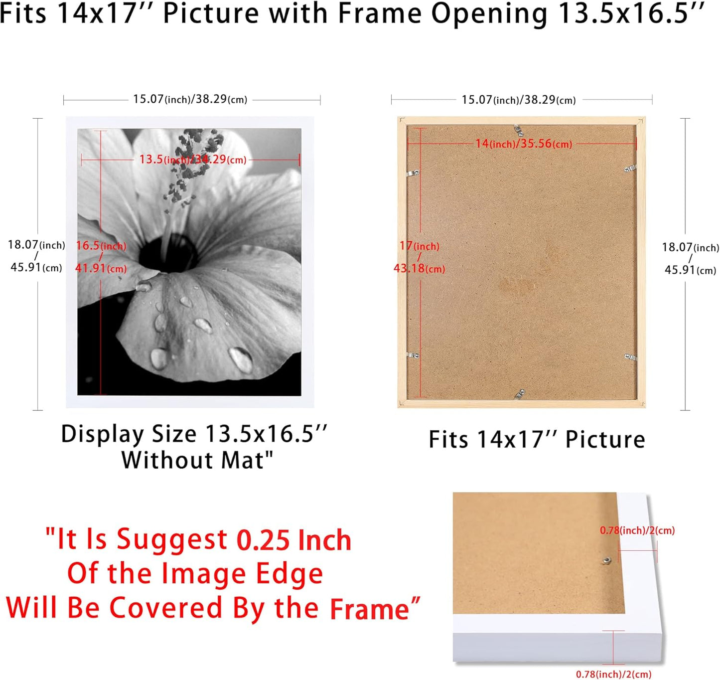 BOJIN 14x17 Picture Frames White Solid Wood Without Mat Display Poster Wall Hanging Home Decoration Photo Frame